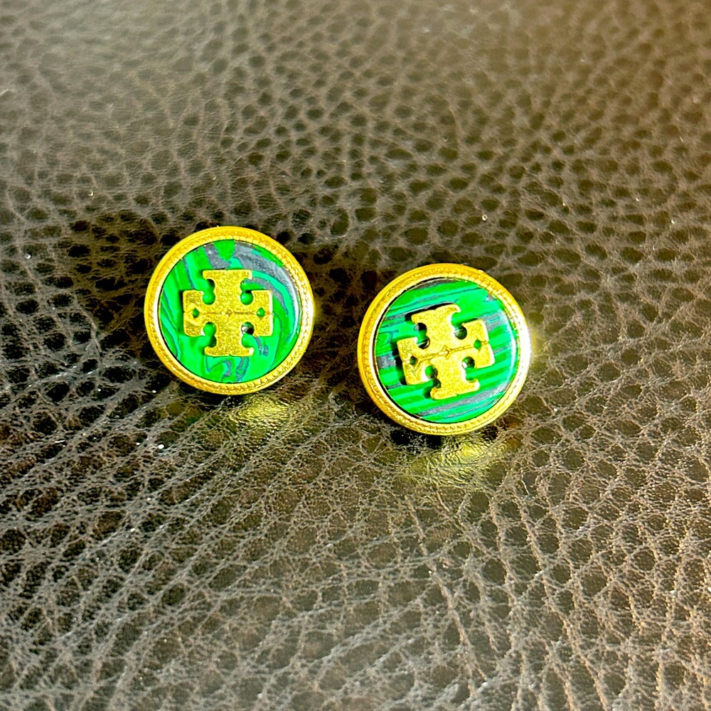 Tory Burch Green and Gold Stud Earrings with Distinctive Logo